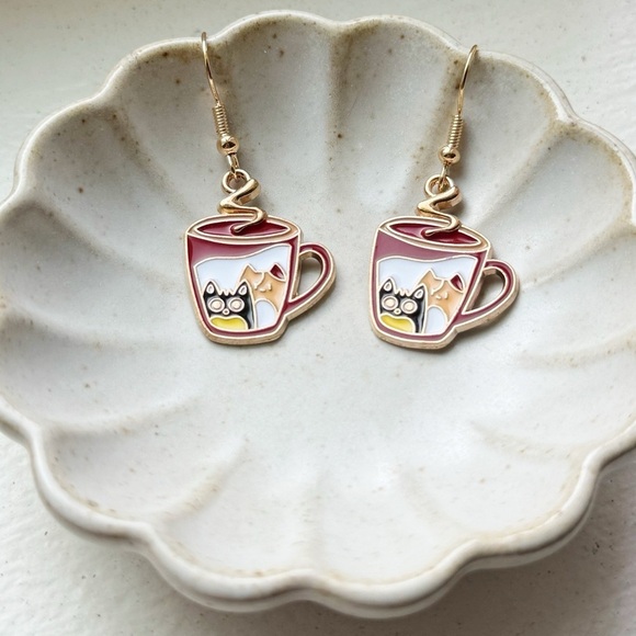 Kawaii Cat Coffee Mug Earrings - Picture 2 of 7
